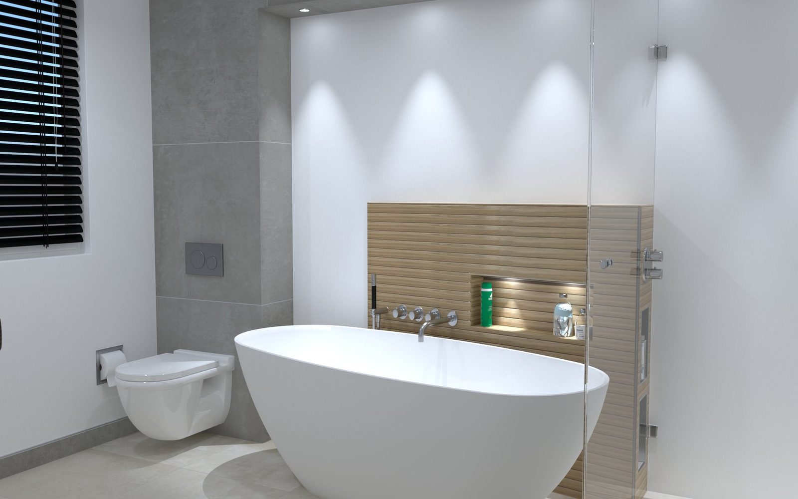 3D-ontwerp van een badkamer met vrijstaand bad, hangtoilet, grijze wandtegels en een glazen douchewand